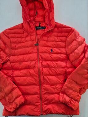 Polo Ralph Lauren Mens Large Red Hooded Packable Quilted Puffer Jacket Full Zip